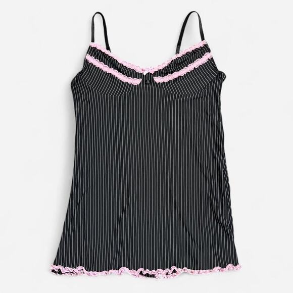 Y2K Dreamgirl Black & White Pinstripe Pink Lace Trim Lingerie Slip w Underwire - Picture 6 of 8